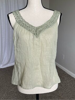 Refuge Sage Green Metallic Thread Tank Top Sheer Boho Y2K Blouse Size L